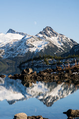 closeup of snow covered mountains at garibaldi lake in provinvial park near famous whistler