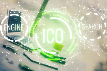 Double exposure of blockchain and crypto economy theme hologram and table with computer background....