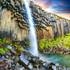 Amazing view of Svartifoss waterfall with basalt columns on South Iceland.