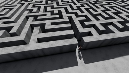 Man walking into big labyrinth 3D rendering