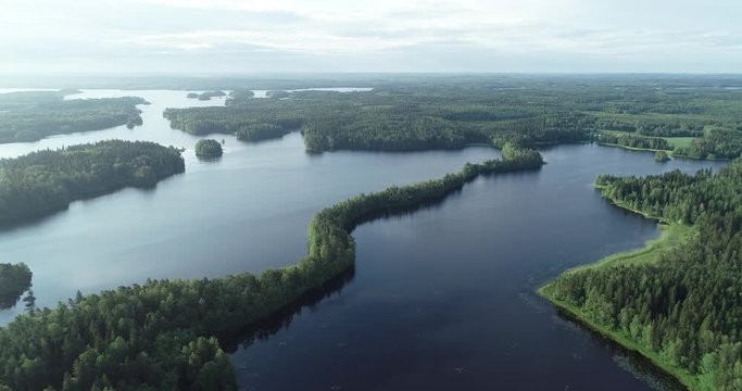 Aerial view of the beautiful lake at sunrise. Sun above the lake. Liesjarvi National Park. Finland. 