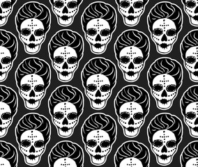 Black and white seamless hand-drawn skull pattern
