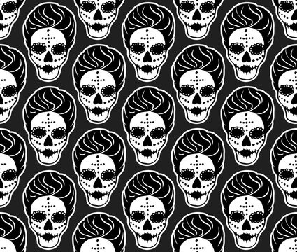 Black and white seamless hand-drawn skull pattern