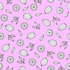 Hand drawn colorful seamless pattern. Lemons and half of lemons with leaves on pink background. Perfect for textile, manufacturing, wallpaper, posters, wrapping paper. Vector illustration.