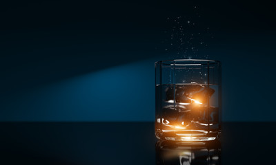 Vacation holiday beverage - cold clear whiskey scotch drink. copy space