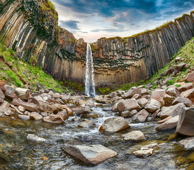 Amazing view of Svartifoss waterfall with basalt columns on South Iceland.