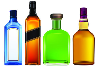 Colorful alcohol bottles set isolated on white.