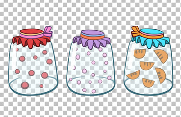 Three glass jars with juice compote. Home preservation. Vector jars with berries.