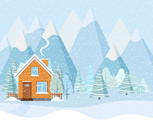 Snowy winter mountains landscape with wooden rural country house, smoke comes from the chimney, light blue trees, spruces, snowfall