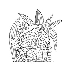 Snail and mushroom. Hand drawn coloring page. Hand drawn vector illustration.