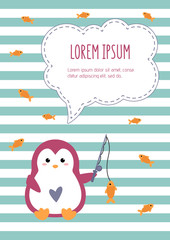 Template for planners, notebooks posters, banners, cards. Cover page with a cute penguin fishing