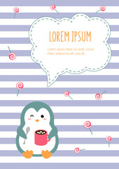 Cover page design template with a cute penguin with a mug of coffee and sweets