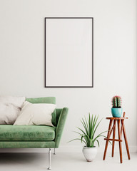 Vertical mock up poster frame in olive green modern interior background, living room, Scandinavian...