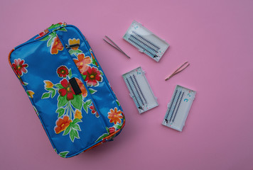 Cosmetic bag with eyelash extensions set