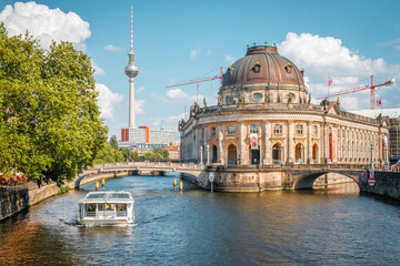 Museum Island, boat on river spree and Tv Tower during summer day in Berlin, Mitte © hanohiki