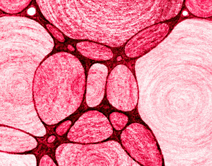 Cool circle shapes pencil drawing background. Abstract circles network grid, bubbles pattern. Round shapes doodle background in cherry red and white colors.