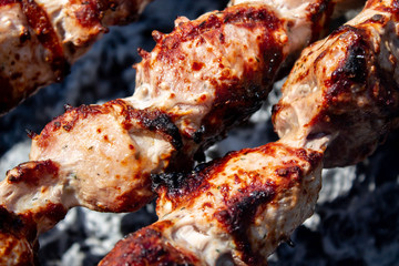 Meat fried on open fire. Barbeque close up