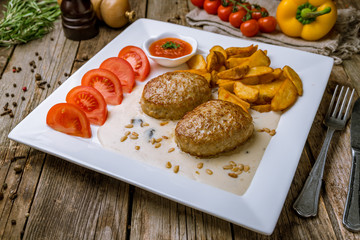 Chicken cutlets with potatoes wedges and tomatoes on wooden table