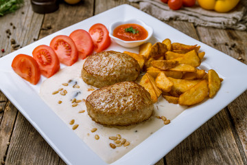 Chicken cutlets with potatoes wedges and tomatoes on wooden table