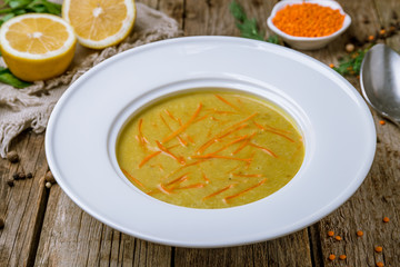 yellow Lentil soup in a white plate. Turkish cuisine.