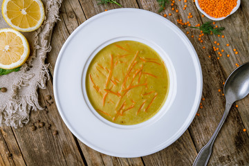 yellow Lentil soup in a white plate. Turkish cuisine.