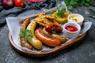 assorted sausages with sauces on the board on grey concrete background