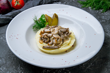 Stroganoff on white plate on grey concrete background