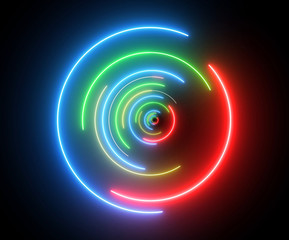 Neon colorful swirling rounds. Abstract creative HUD with neon, glowing light. 