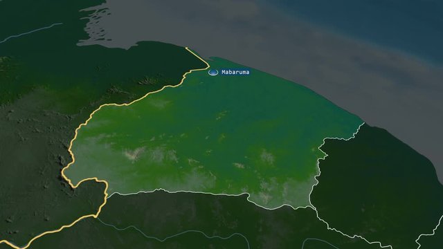 Barima-Waini - region of Guyana with its capital zoomed on the physical map of the globe. Animation 3D