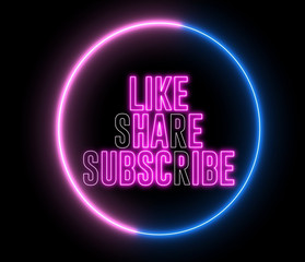 Text of "LIKE, SHARE, SUBSCRIBE" inside neon colorful circle. Social media animation. 