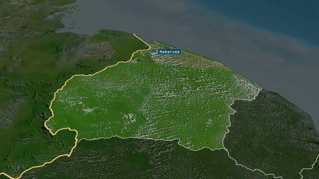 Barima-Waini - region of Guyana with its capital zoomed on the satellite map of the globe. Animation 3D