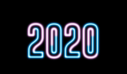 New Year greeting with neon light. Colorful neon, led lights text of "2020"