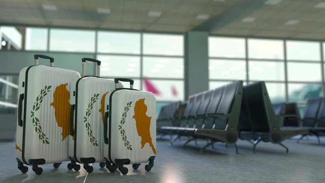 Travel suitcases with flag of Cyprus. Cypriot tourism conceptual 3D animation