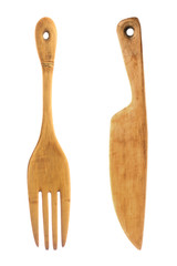 Vintage wooden decorative fork and knife on white background