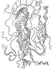 Fantasy Jellyfish Girl With Long Hair Coloring Page