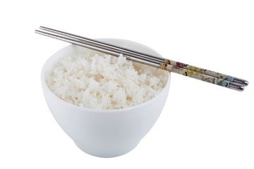 Bowl of rice with chopsticks isolated on white background