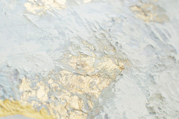 White snow texture with pasty painting elements. Light Christmas background with silver foil elements, gold foil slices on panoramic canvas. Horizontal pale cold backgrounds. Winter wedding design.