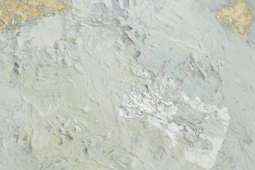 White snow texture with pasty painting elements. Light Christmas background with silver foil elements, gold foil slices on panoramic canvas. Horizontal pale cold backgrounds. Winter wedding design.