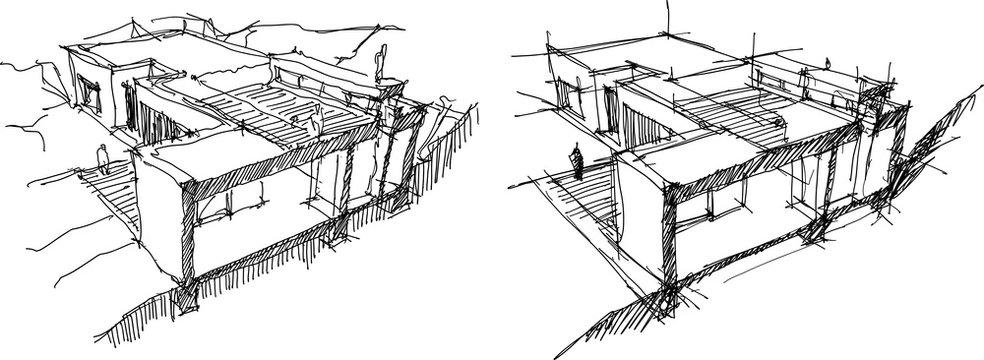 hand drawn architectural sketches of cross section through a modern detached house