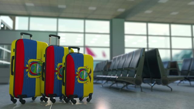 Travel suitcases with flag of Ecuador. Ecuadorian tourism conceptual 3D animation