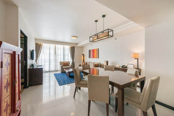 Modern living room and kitchen in small apartment