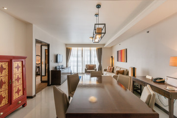 Modern living room and kitchen in small apartment