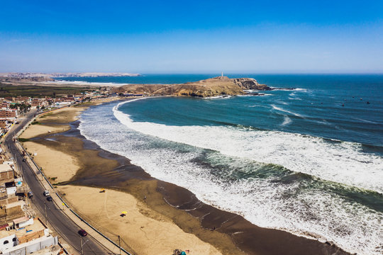 Panoramic aerial view of Chorrillos beach in Barranca city in Lima, Peru