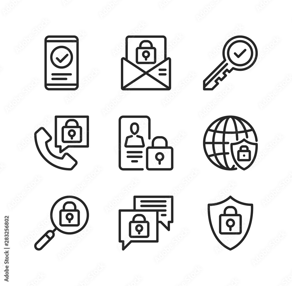Poster mobile security line icons. smartphone protection, cyber security concepts. simple outline symbols, 