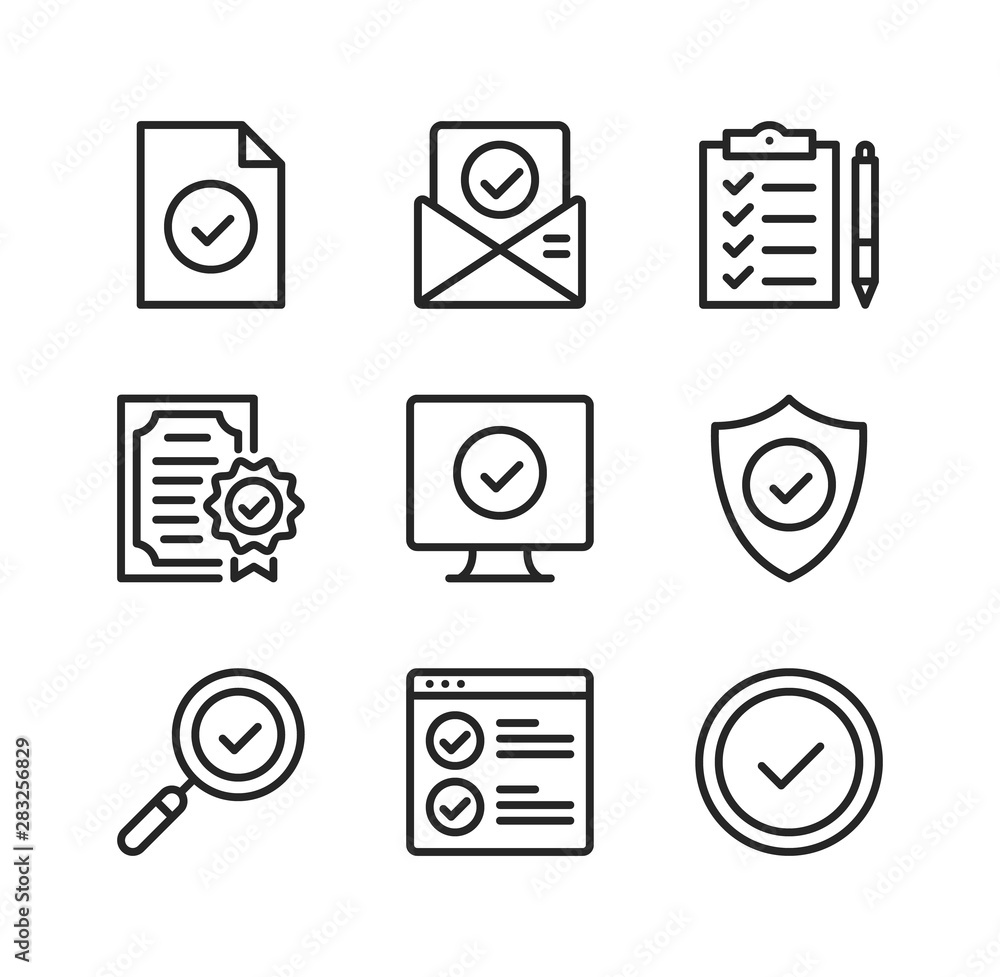 Poster check mark line icons. checkmarks, ticks, quality, approve concepts. simple outline symbols, modern 