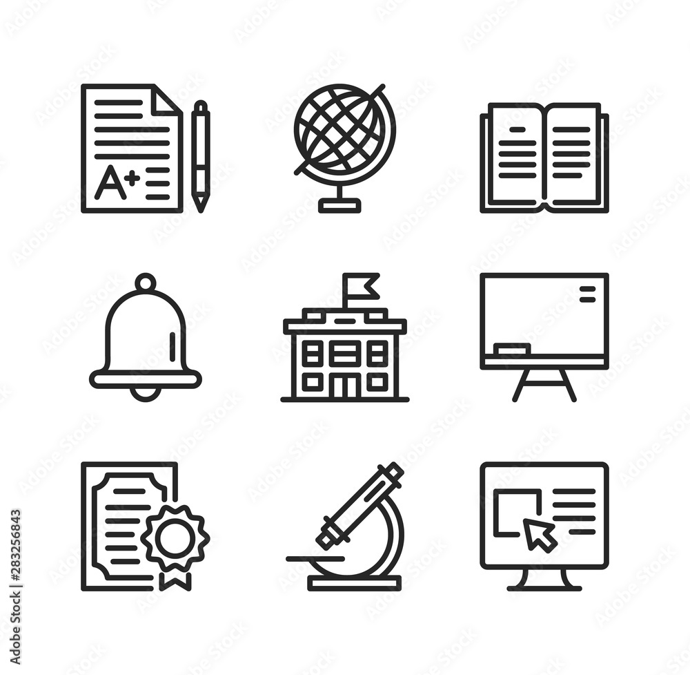 Poster school line icons. education, learning concepts. simple outline symbols, modern linear graphic eleme
