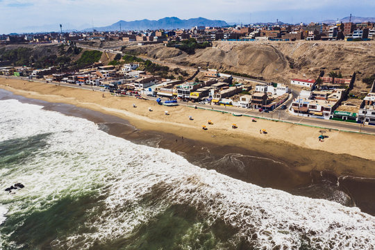 Panoramic aerial view of Chorrillos beach in Barranca city in Lima, Peru