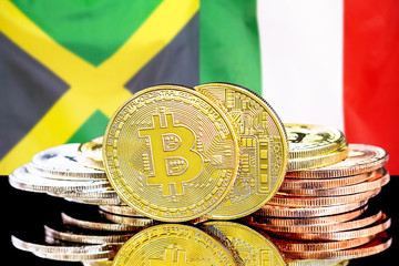 bitcoins on Jamaica and Italy flag background