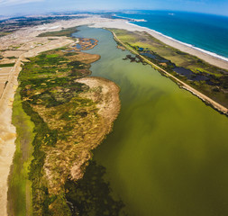 Panoramic aerial view of a wetland sited at north of Lima, Peru. Called: "Albufera de Medio Mundo" near to Huacho city.