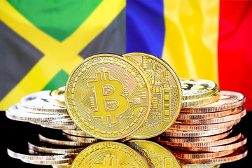 bitcoins on Jamaica and Moldova flag background
